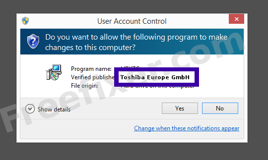Screenshot where Toshiba Europe GmbH appears as the verified publisher in the UAC dialog
